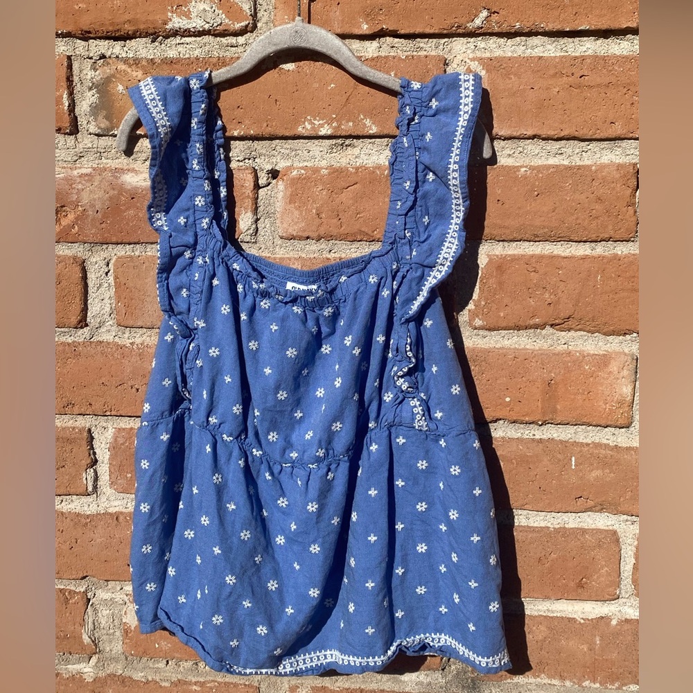 Old Navy XXL Blue Embroidered Babydoll Top Flutter Sleeve Peasant Boho